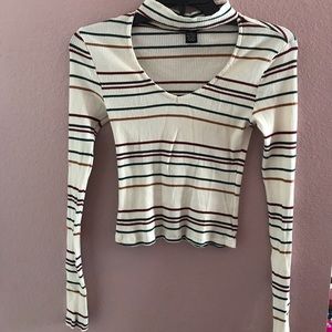 White Long Sleeved Choker Top w/ Stripes